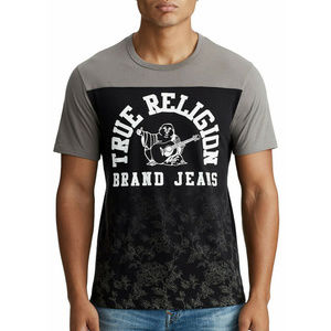 True Religion Men's Floral Graphic Football Tee T-Shirt in Black/Charcoal